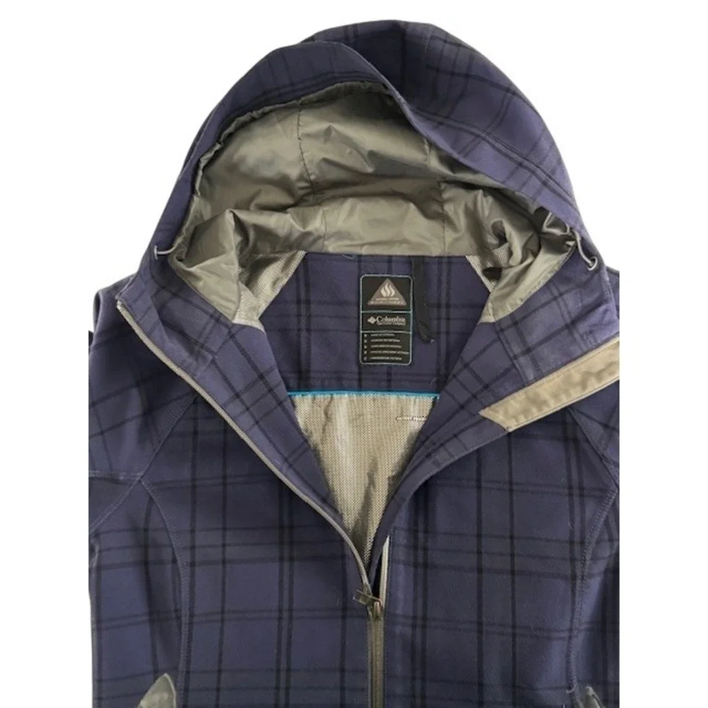 Columbia‎ Women's Plaid Hooded Softshell Jacket Thermal Omni Heat Blue Black -M